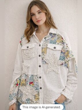 POL Patchwork Gauze Button Down Shirt Jacket Shacket Medium